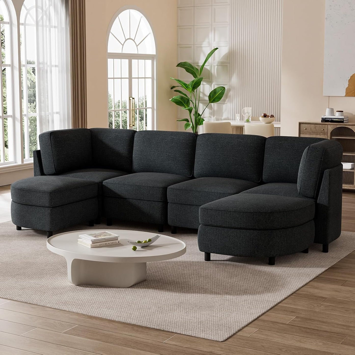 Modular Sectional Couches with Ottomans, Chenille U Shaped Sectional Sofa with Storage, 6 Seat Couch for Living Room