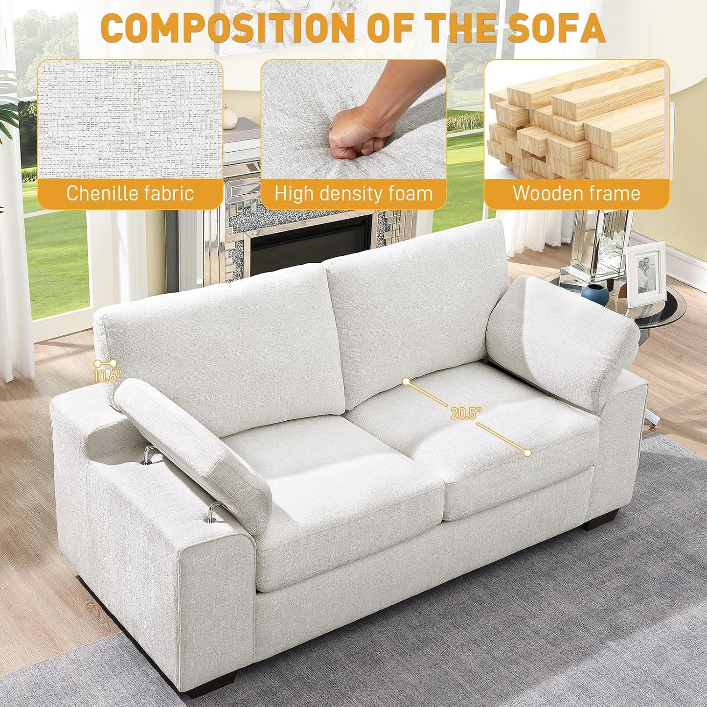 Modern Love seat Couch for Living Room, Chenille Upholstered Loveseat Sofa with Deep Seat,Removable Sofa Cover for Apartment