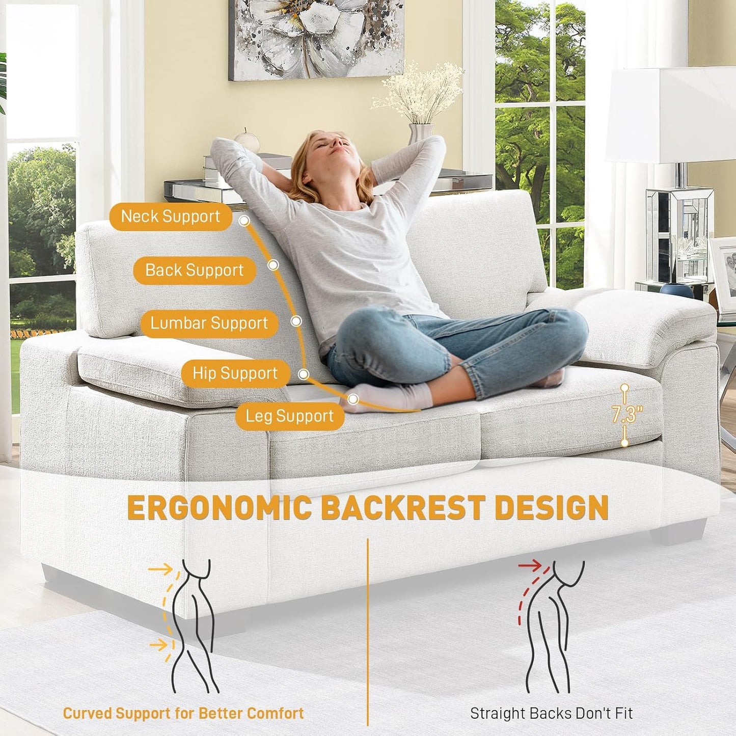 73.2" Modern Chenille Sofa Couch for Living Room,Deep Seat Love seat with Adjustable Armrests, Removable Cover